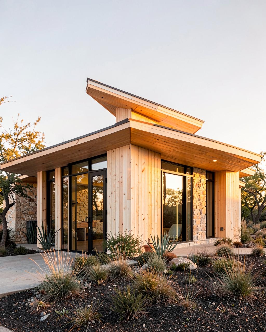 Organic Modern — Warm wood and limestone, low roofline