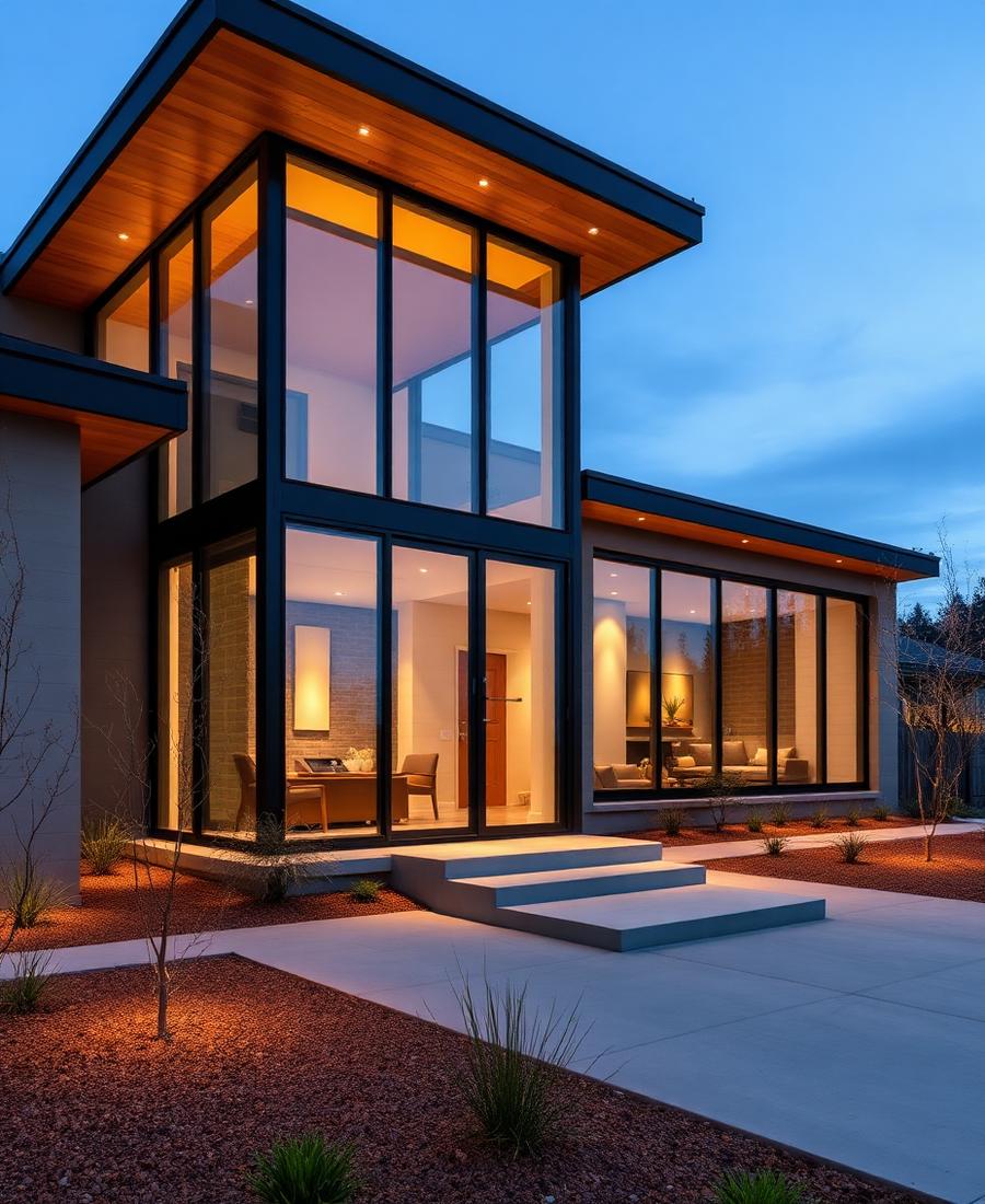Contemporary — Glass and warm wood soffits